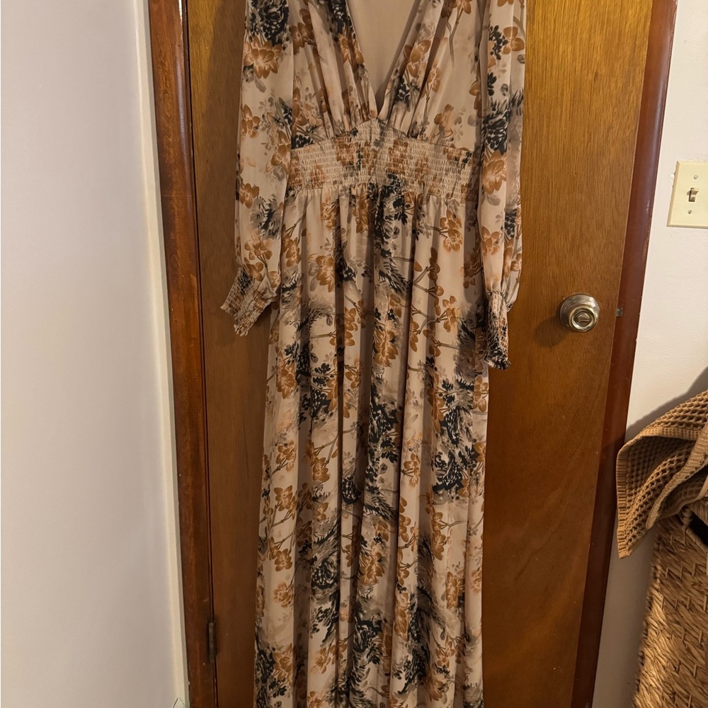 Baltic Born Tan Maxi Dress with Plunge Neck and Bishop Sleeves